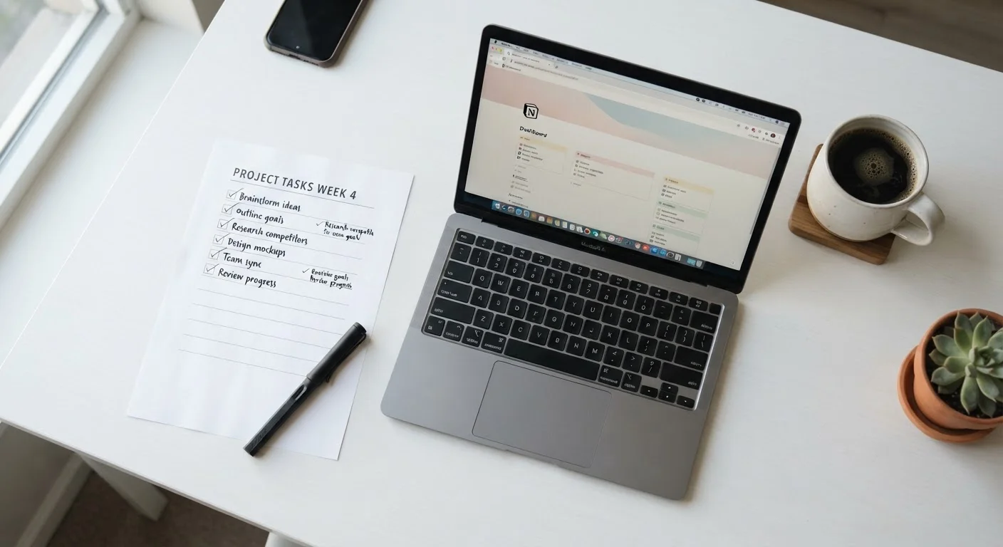Open laptop on a desk next to a printed checklist and pen, ready for evaluation.
