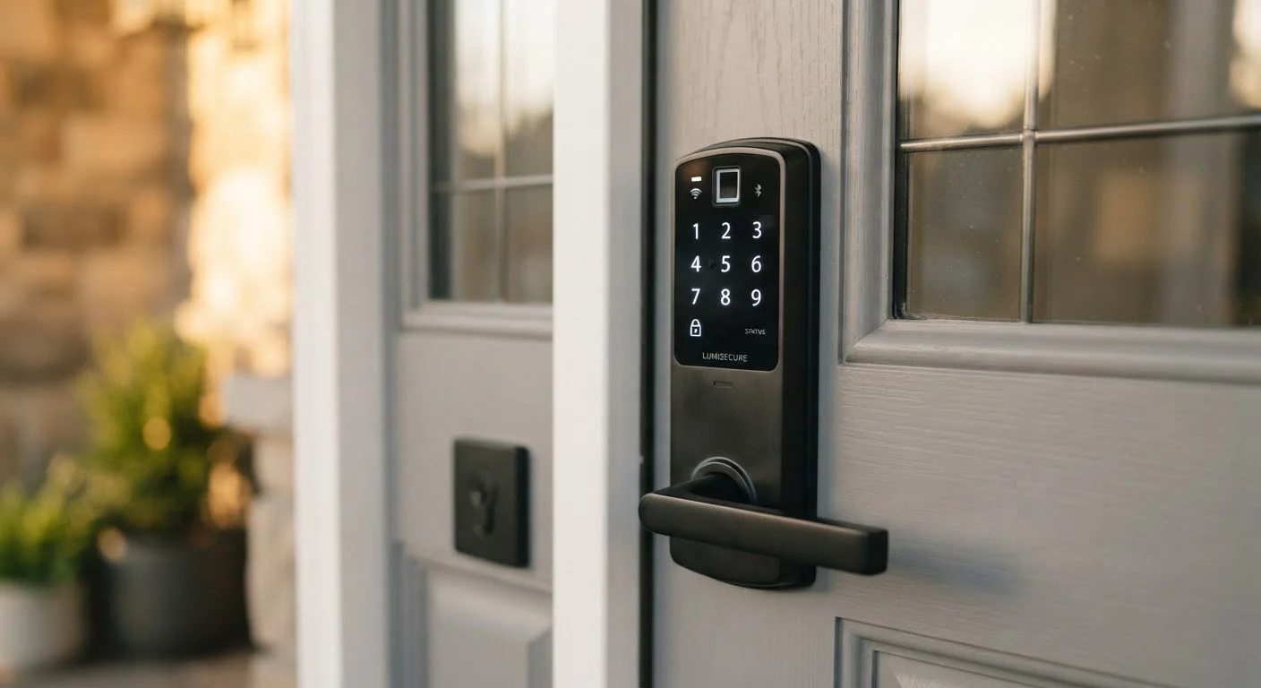 Modern smart lock with keypad mounted on a residential front door in warm light