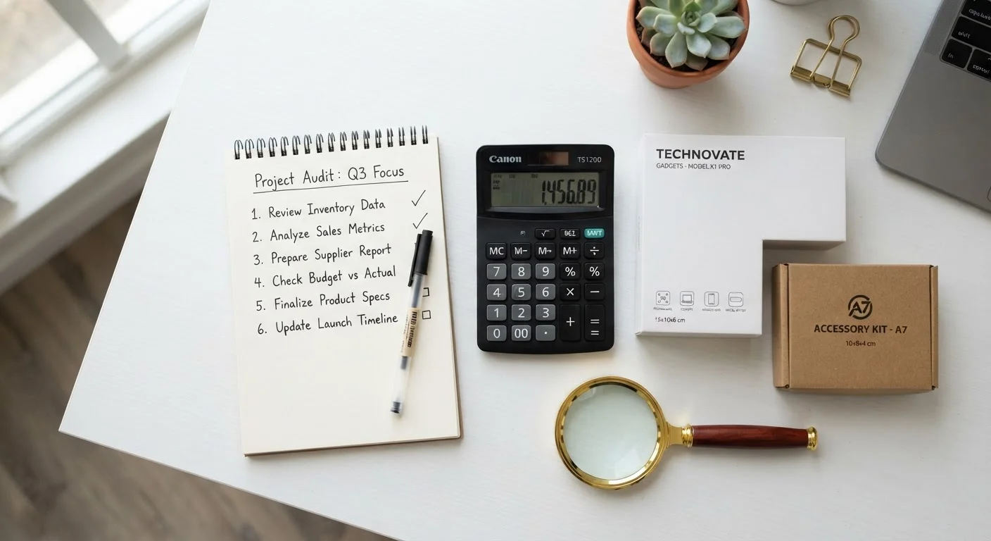 Checklist notepad beside a calculator and two product boxes on a white desk.