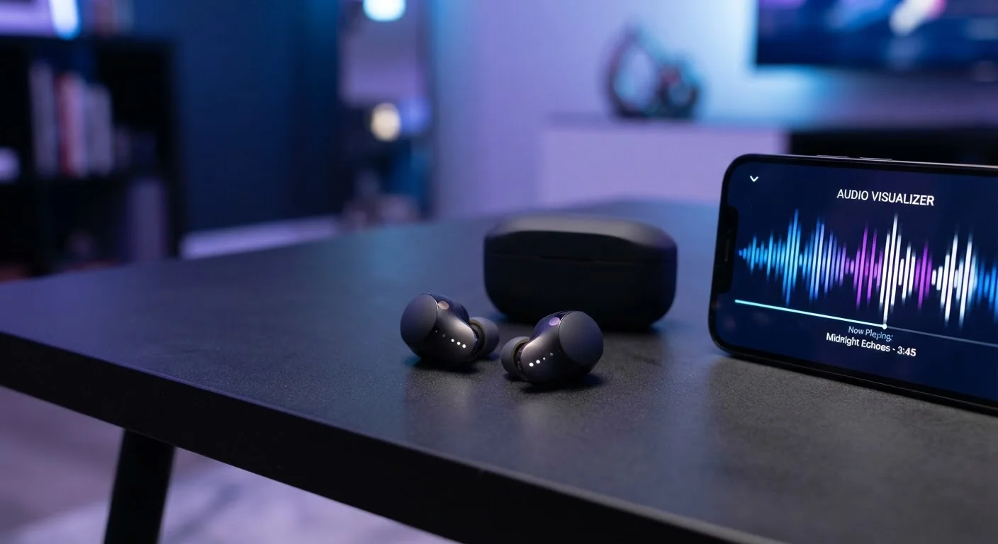 Wireless earbuds and smartphone displaying audio waveform on a dark surface
