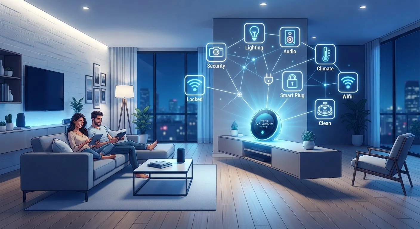 Modern living room with smart home hub and interconnected device icons representing the Matter standard