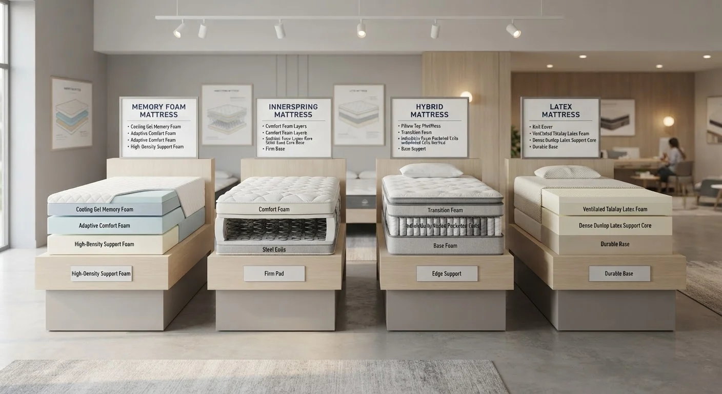 Cross-section view of four mattress types displayed side by side in a clean retail setting