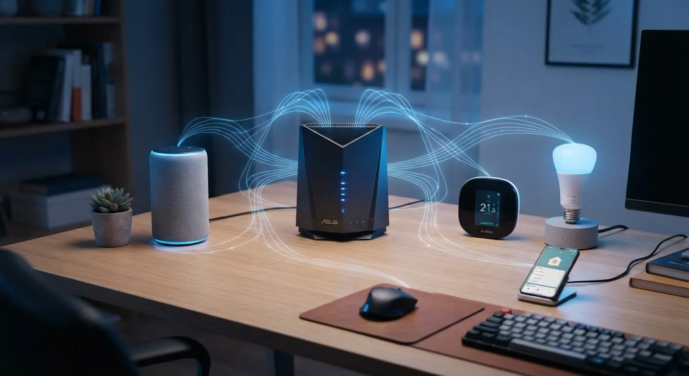 A home router surrounded by various smart home devices with wireless signal indicators glowing