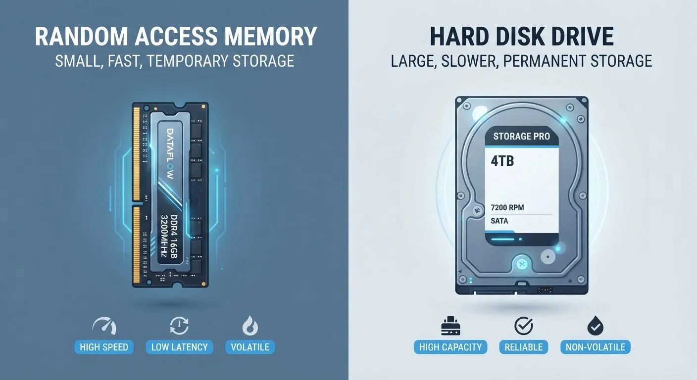 Side-by-side illustration of a RAM stick and a hard drive representing two distinct computer components