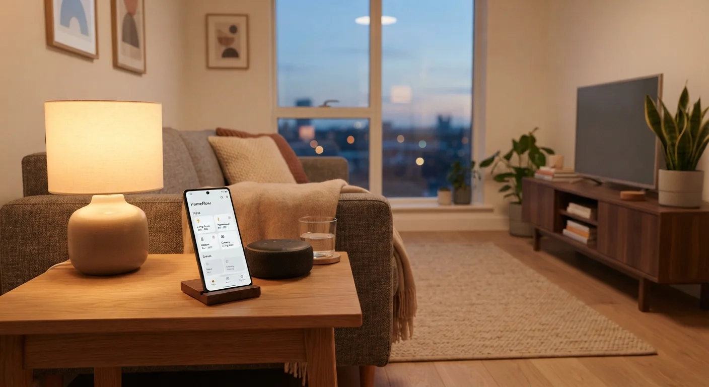 A modern living room featuring a smart speaker, ambient lighting, and a smartphone home control app
