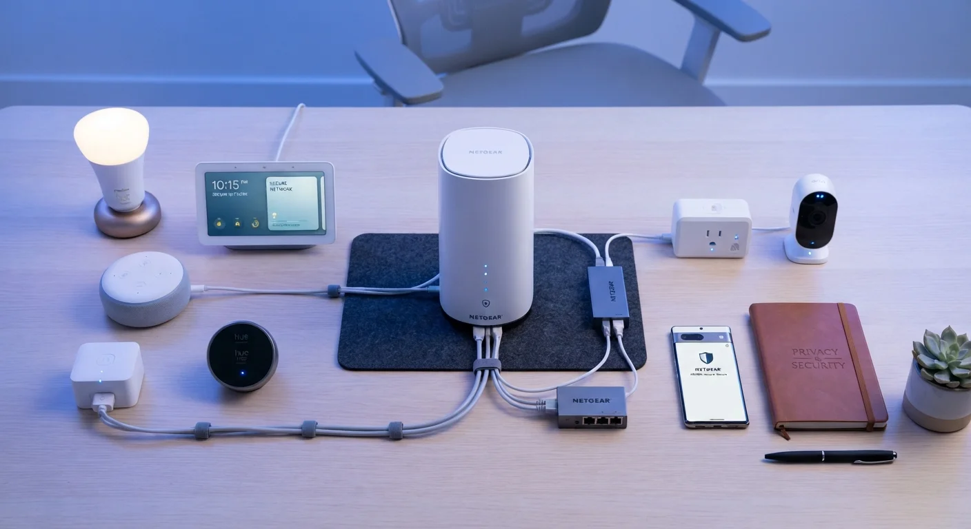 Smart home hub and connected devices displayed on a clean desk with ambient blue lighting
