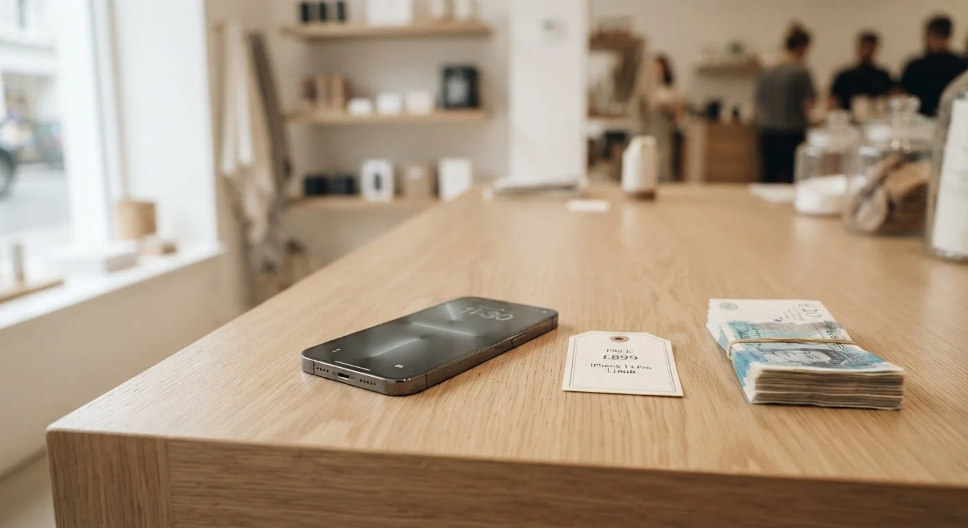 Smartphone placed on a retail counter next to cash and a price tag representing trade-in value