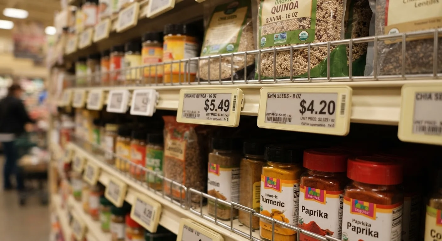 Supermarket shelf edge labels displaying unit prices per ounce alongside total product prices