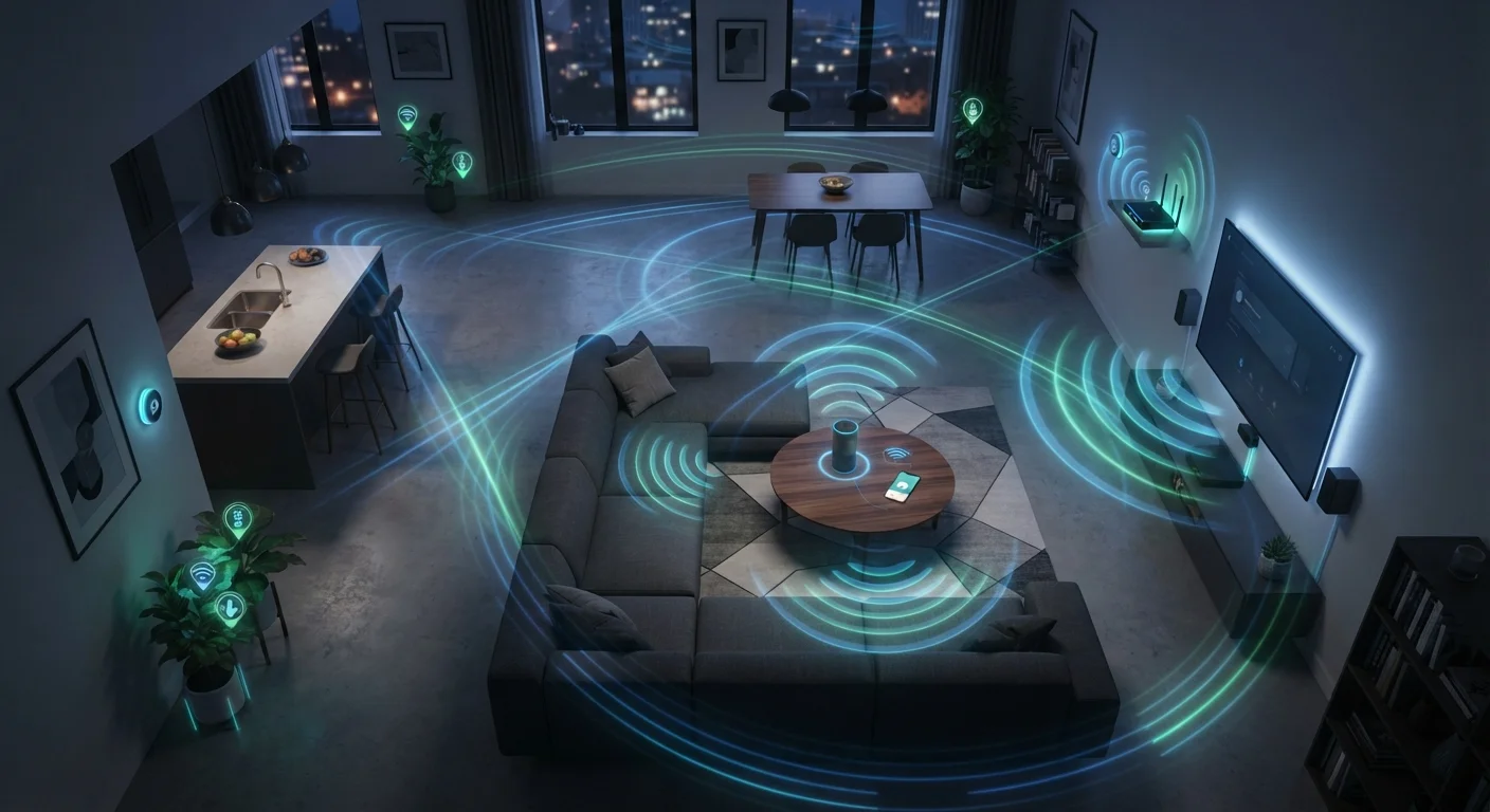 Illustration of wireless signal waves connecting smart home devices in a modern living room