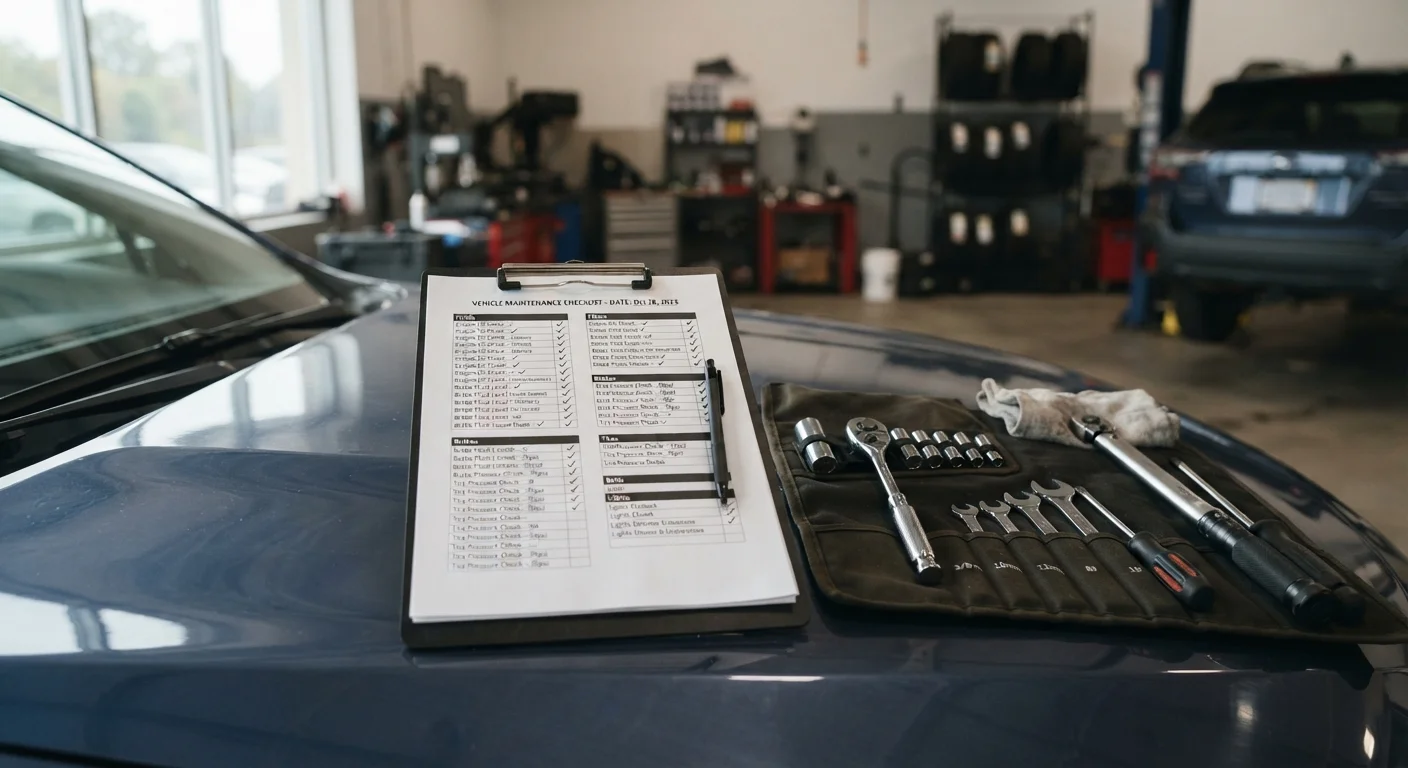 A maintenance checklist on a clipboard resting on a car hood with tools arranged nearby