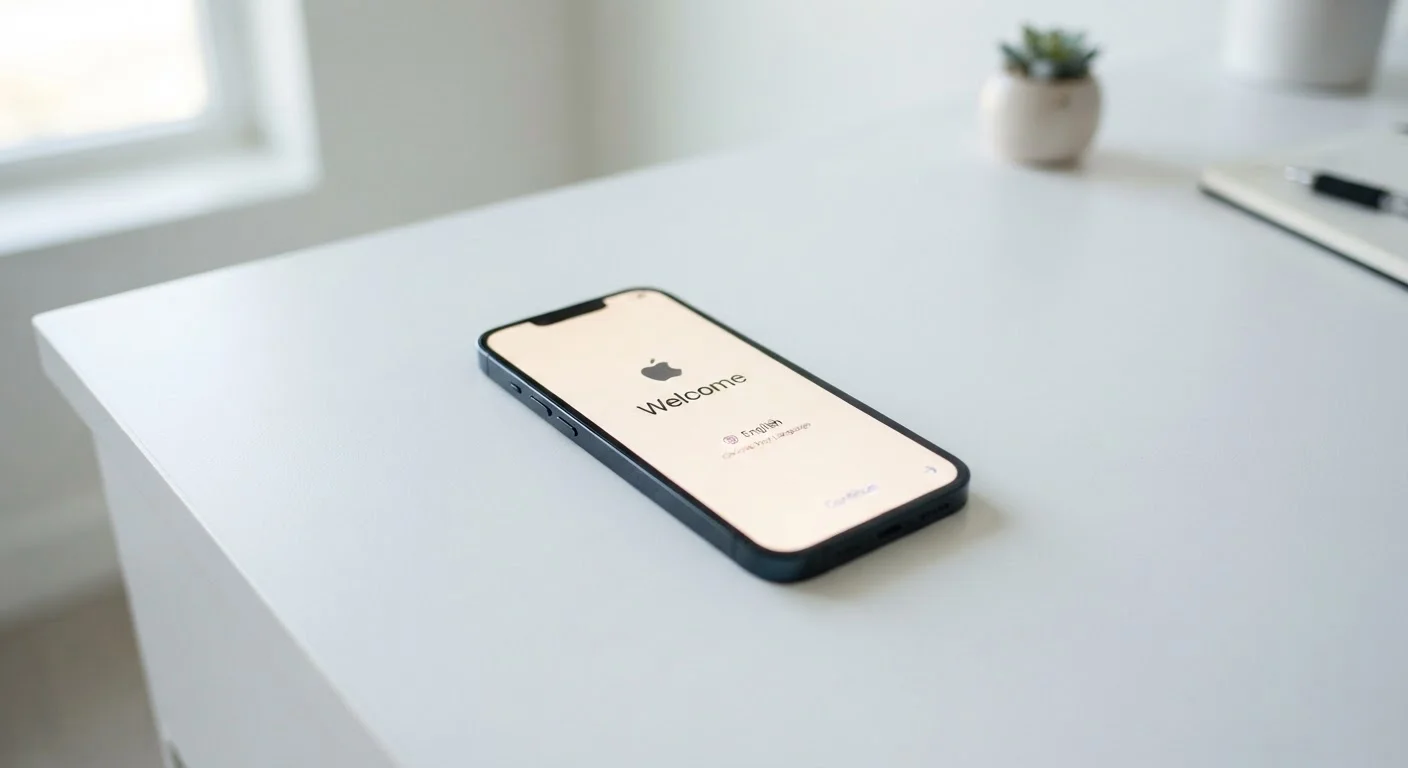 A new smartphone displaying a welcome setup screen on a clean white surface